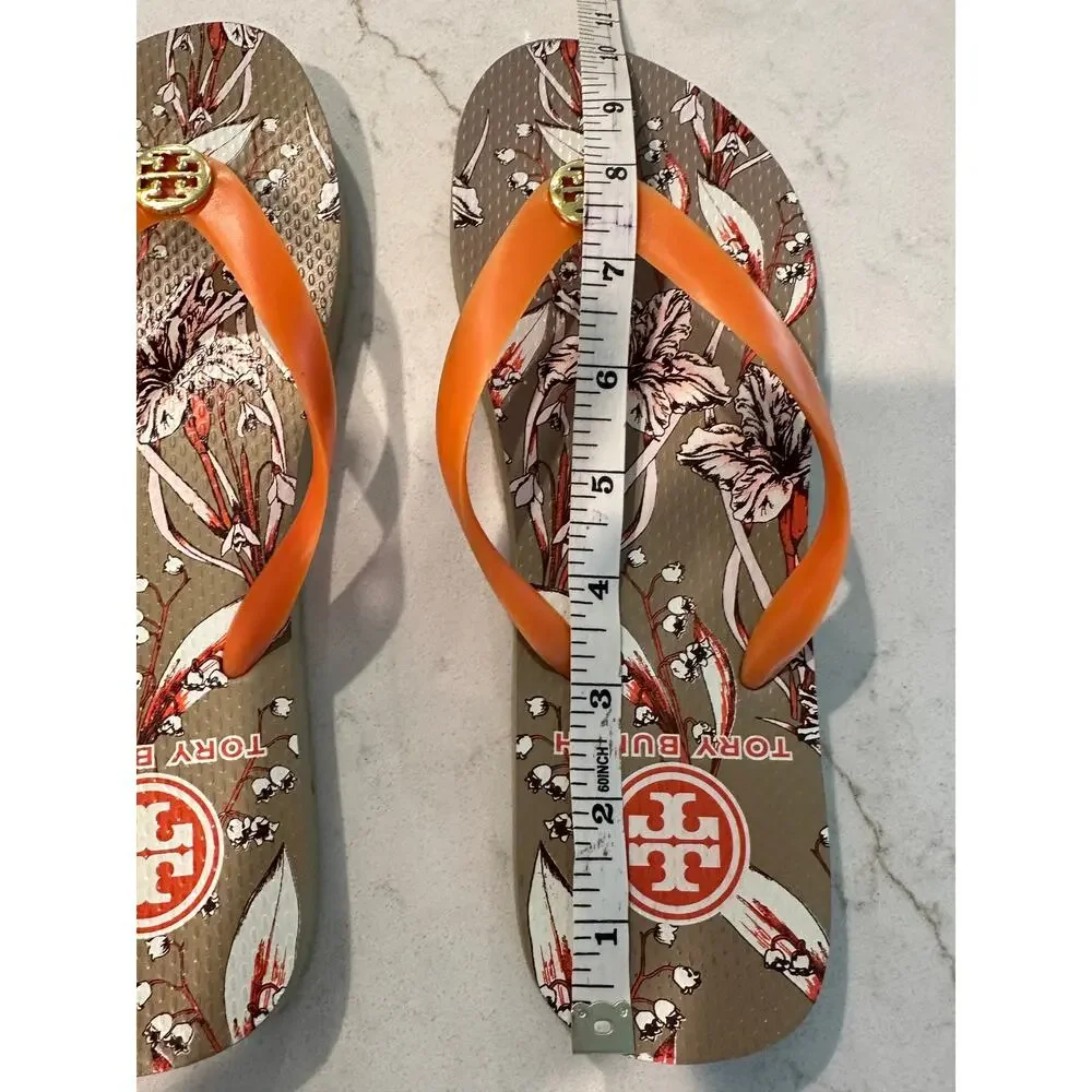 Tory Burch Printed Flip Flop Sandals Orange Floral Gold Logo Size 10 Resort Pool